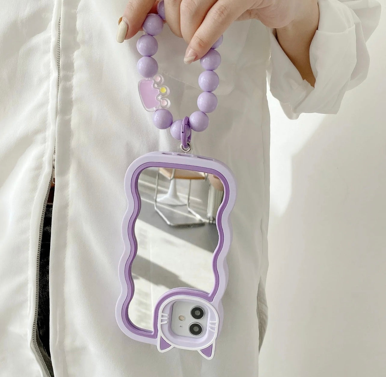 New Purple Cat Mirror Case for Iphone with Chain