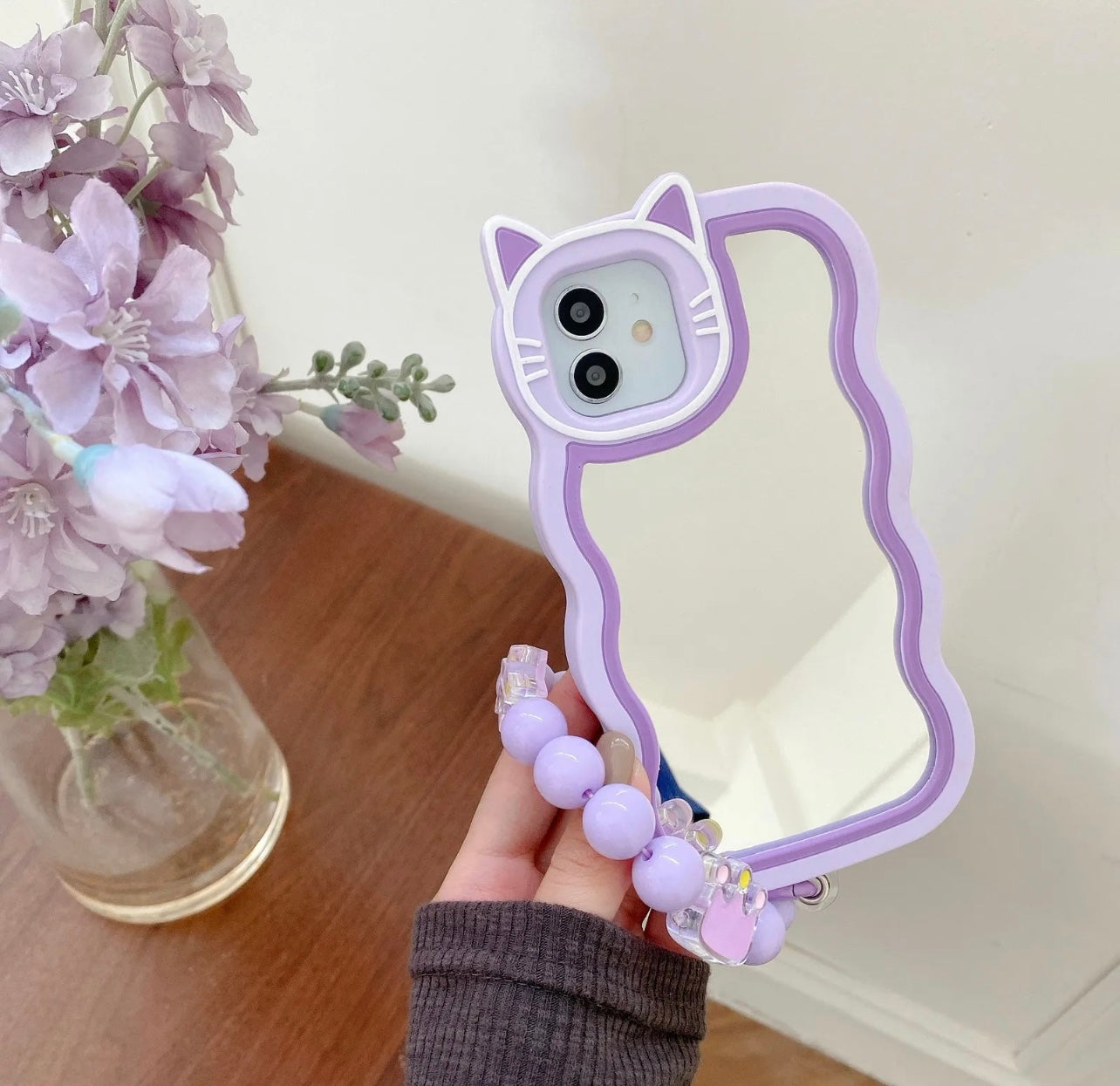 New Purple Cat Mirror Case for Iphone with Chain