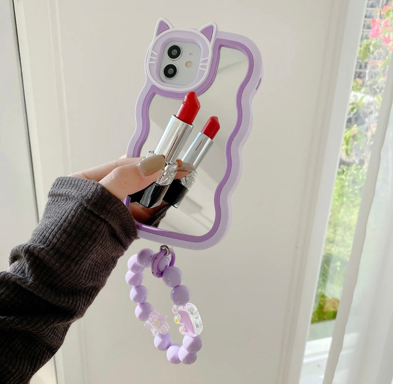 New Purple Cat Mirror Case for Iphone with Chain